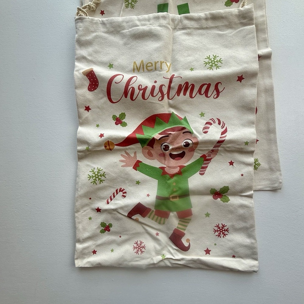 Large Christmas Holiday Gift  Bag Elf Lot Of‎ 3 Ivory Color 24 Inches Cloth. - Picture 2 of 8